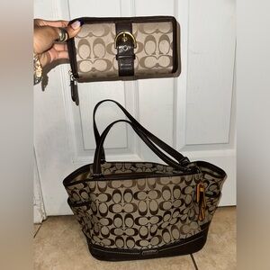Coach Tan and Brown Signature Tote and Wallet